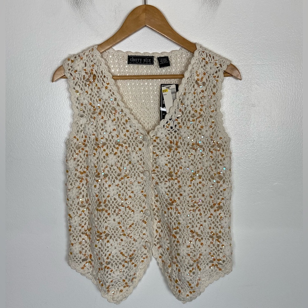 Cherry Stix Limited Vintage Sequin Crochet Vest One Size Cream Boho Festival NWT